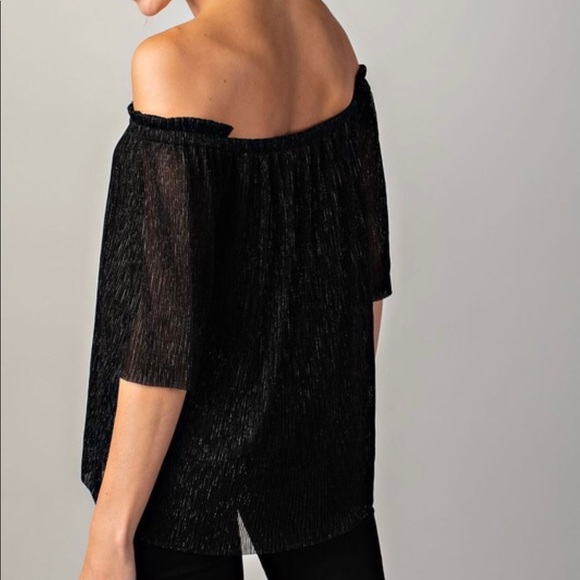 Black Metallic Pleated Off Shoulder Top - Picture 4 of 4